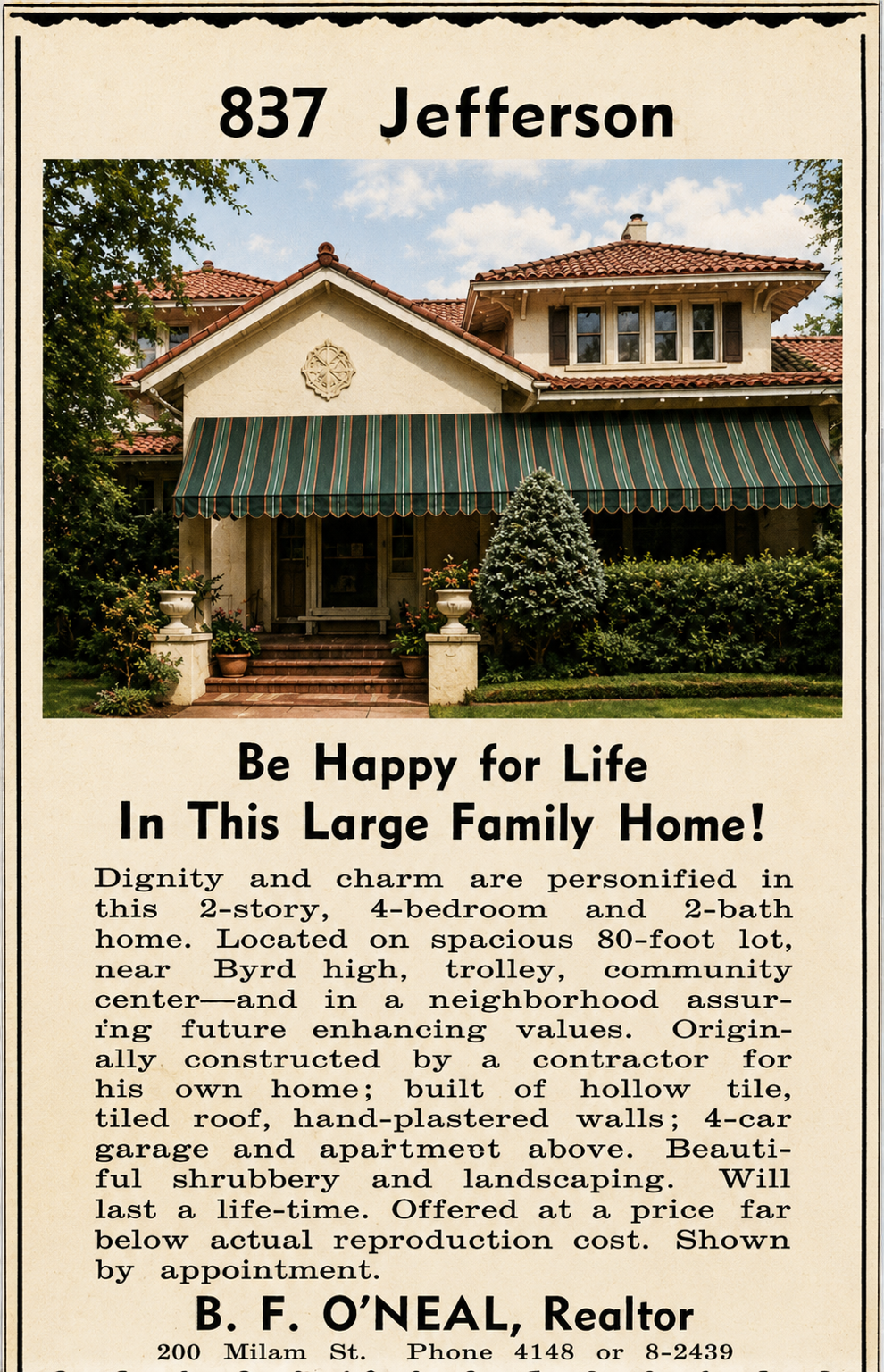Historic real estate advertisement for 837 Jefferson showing The House on Jefferson and describing its original construction and features.