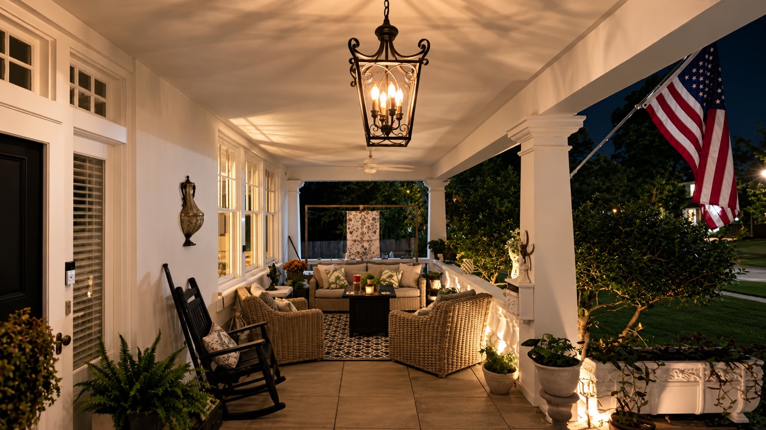 Completed east wing patio at night with wicker seating, rocking chair, glowing lantern, and American flag