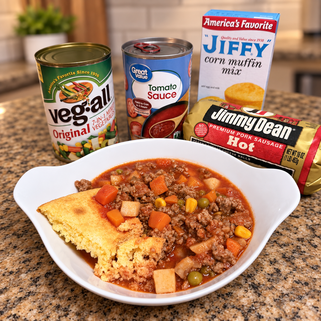 A Castor Comfort Food: Sausage and Vegetable Soup Over Sweet Cornbread